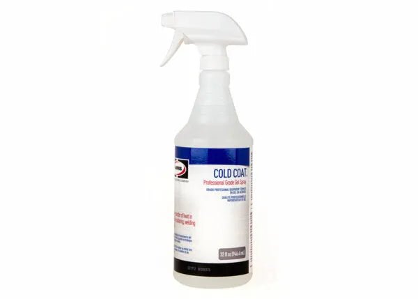 A clear plastic spray bottle labeled Harris Cold Coat™ Thermal Shield Gel Spray 6PK - 331912 with a white trigger nozzle. Contains 32 fl oz and is designed to prevent ice buildup and provide reliable welding protection.