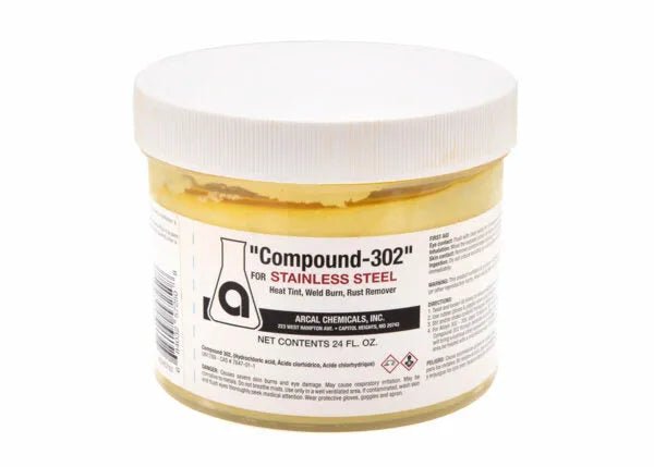 A clear plastic jar with a white lid labeled “Harris Compound 302 Postweld Stainless Steel Cleaner - ARCP302” by ARCAI Chemicals, Inc. cleans stainless steel, serves as a heat-tint remover, and features black/red text with instructions.