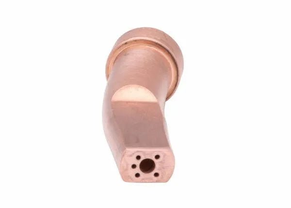 The Harris Cutting Tip, 6290-3G GOUGING - 1500930 features a copper body with a curved shape, rounded end, and flat tip. Several small holes for gouging encircle a central hole. The nozzle is shown isolated on a white background.