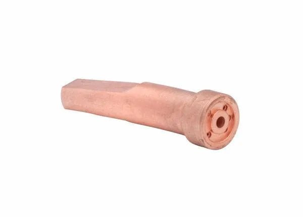 The Harris Cutting Tip, 6290-3G GOUGING - 1500930 is a copper, cylindrical welding nozzle with a slightly angled hexagonal end and a grooved circular tip, ideal for gouging applications.