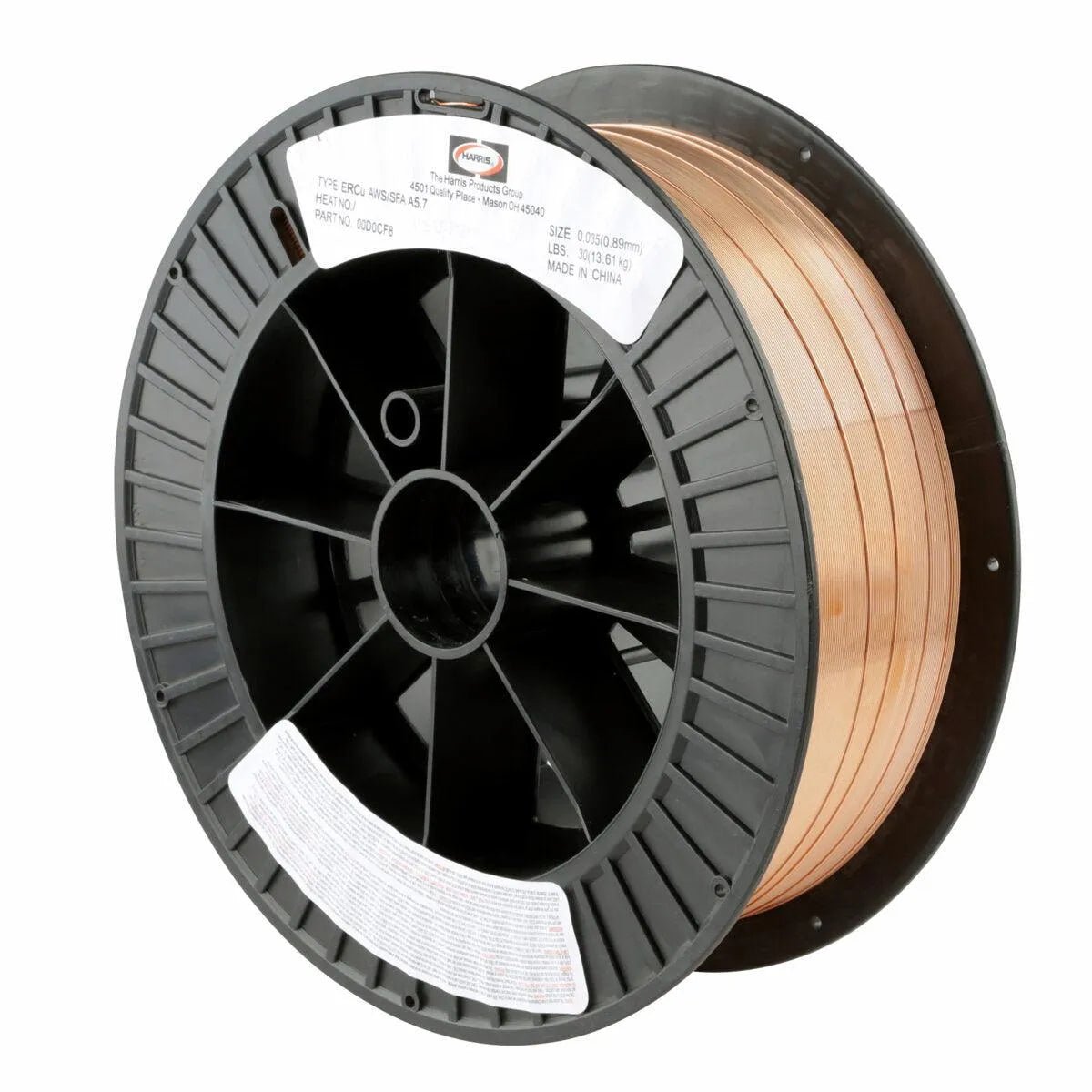 The Harris Deoxidized Copper GMAW MIG Welding Wire .45 30LB Spool (00D0CH8) is wound on a black plastic reel with multiple technical labels, shown upright from side and angled views—perfect for MIG welding copper.