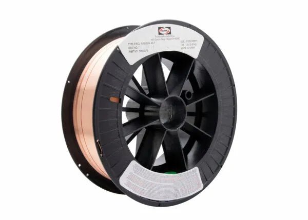 A large black plastic spool of Harris Deoxidized Copper MIG GMAW Welding Wire 1/16 30LB (00D0C38) holds copper wire for copper-to-steel welding, featuring circular openings, barcode labels, and a plain white background.
