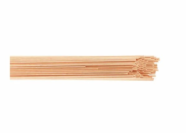 A bundle of uncooked spaghetti noodles, aligned on a white background, resembles the cylindrical shape and smooth texture of the Harris Deoxidized Copper TIG Welding Rod 3/32 10# Box - 03D0C50.