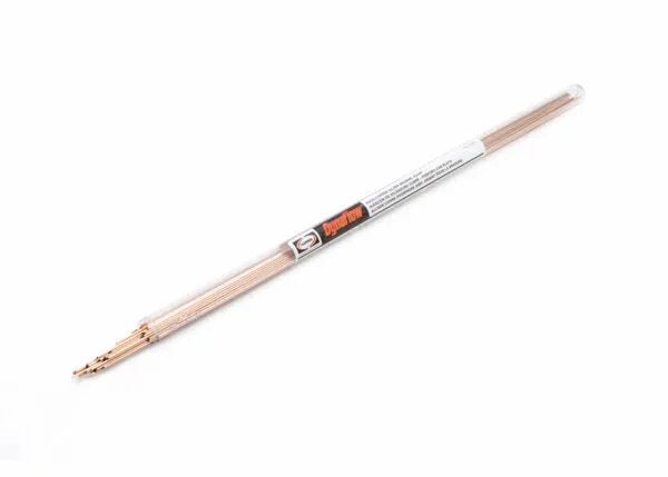 Harris D620F1 Dynaflow Phos-Copper Brazing Alloy rod in clear tube, welding accessory, 0.050 x 1/8 in, labeled packaging.