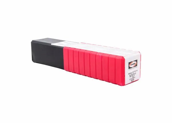 A rectangular plastic case, black on the left and red/white on the right with label text and logo, houses the Harris 7014 Stick SMAW Welding Rod 1/8 x 10 Box (70146010), for carbon steel electrode storage.