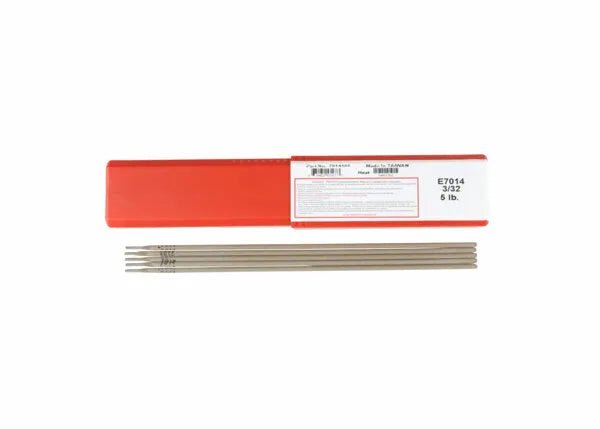 A red rectangular box labeled Harris E7014 Stick SMAW Welding Rod 3/32 5 Tube 7014505 sits above five straight silver welding rods marked “E7014,” all arranged on a white background. These rods are used as stick welding electrodes.