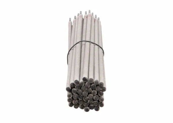 A bundle of Harris E7018-1/8 Welding Rods (10lb Box 70186010) is tightly held by a black rubber band; the low hydrogen electrodes are cylindrical with flux coating and exposed tips, arranged parallel on a white background.