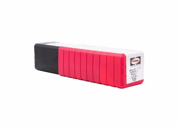 A rectangular stack of red, white, and black plastic blocks sits against a white background. On the right is a Harris E7018-1/8 Welding Rod 10lb Box 70186010 with a white label featuring orange and black text.
