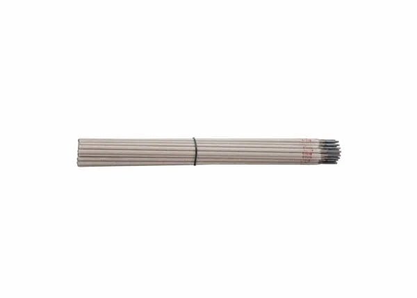 A bundle of Harris E7018 Stick SMAW Welding Rods 3/32 (10 Box, 70185010) with silver-gray bodies and black tips, held by a thin black band, lies evenly aligned horizontally against a plain white background.