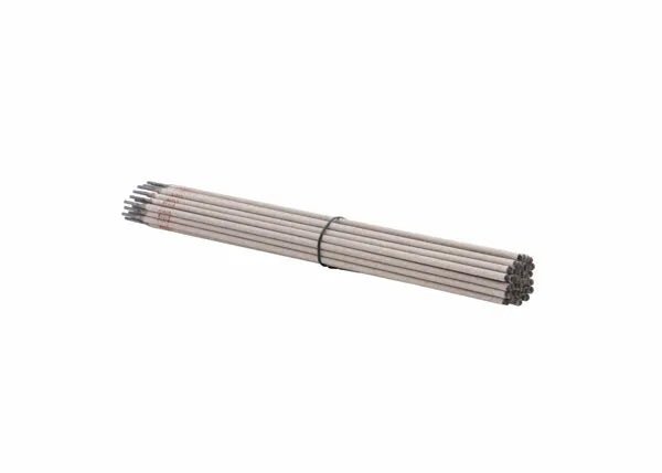 A bundle of Harris E7018 Stick SMAW Welding Rods 5/32 (product 70187010) is secured by a black wire, showing their gray, coated cylindrical shape with metallic tips, all aligned on a plain white background.