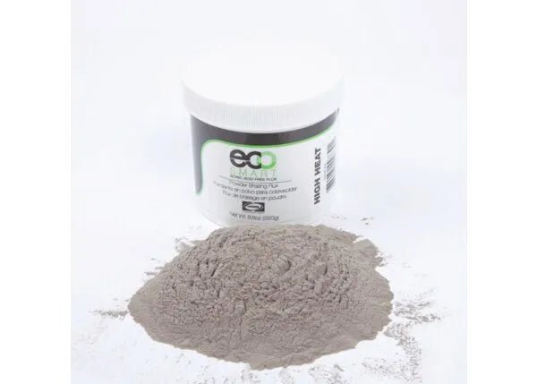 Harris ECO Smart Flux Black Powder 250g (12 Pack, ESF250DB) welding flux jar with gray powder on white surface, WeldingMart tools.