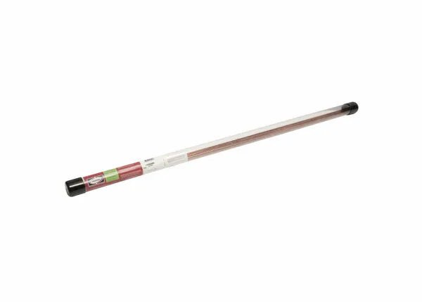 A long, clear plastic tube with black caps contains Harris ER70S-2 Mild Steel TIG Welding Alloy rods (1/8 in, 10 lb box, E70S260) for carbon steel welding, featuring a white label with text around the middle.