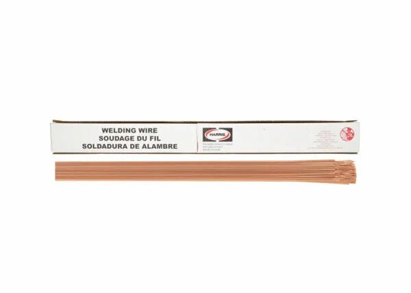 A bundle of Harris ER70S-2 Mild Steel TIG GTAW Welding Rod .045 10# PKG - E70S2H0 sits before a white Welding Wire box labeled in English, French, and Spanish with the Harris logo—ideal for pipe welding.