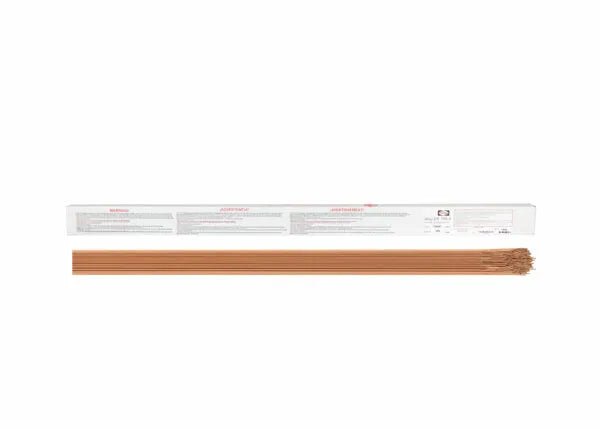 A bundle of Harris ER70S-3 Mild Steel TIG GTAW Welding Rods, 1/16, is neatly aligned below a rectangular white 10LB box (E70S330) with printed text and instructions and a plain, minimal design.