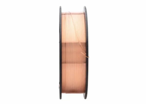 The Harris ER70S-6 Mild Steel MIG GMAW Welding Wire (.030, 11LB Spool - E70S6E5) is shown upright in profile, copper-coated and smoothly wound in even layers on a black plastic reel against a white background.