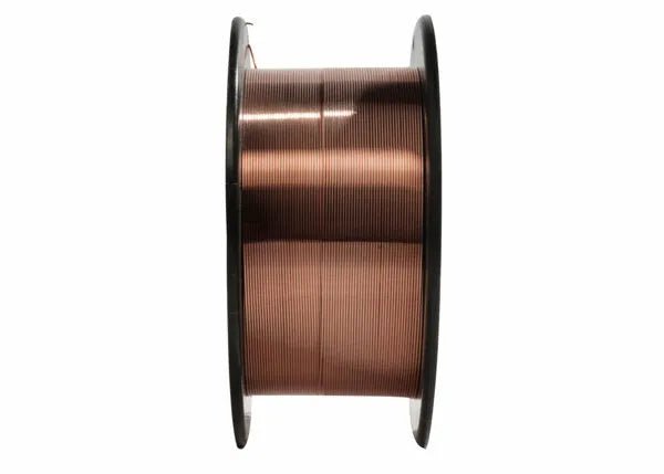 A close-up of Harris ER70S-6 Mild Steel MIG Welding Wire .030 2# SPOOL - E70S6E2, tightly wound on a black reel with flat ends, shown upright on a white background. The shiny wire is ideal for general purpose welding.