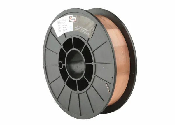 A black plastic spool of Harris ER70S-6 Mild Steel MIG Welding Wire .035 11# SPOOL (E70S6F5) with copper-colored wire is shown upright and slightly angled left on a plain white background. A white label with text and graphics is attached to the spool.