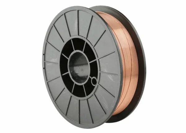 An 11-pound spool of Harris ER70S-6 Mild Steel MIG Welding Wire (.035, E70S6F5) is wound on a black plastic reel with radial spokes and a central mounting hole, set against a plain white background that highlights the copper-colored wire.