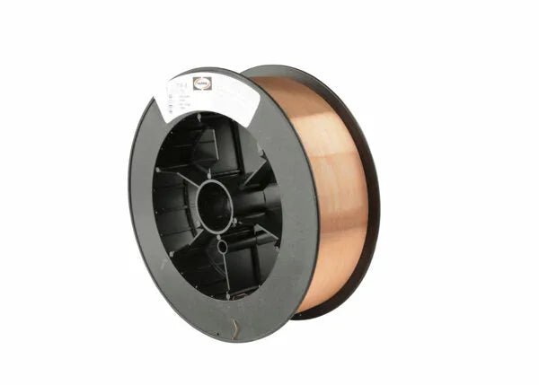 A spool of Harris ER70S-6 Mild Steel MIG Welding Wire .035, 33# (E70S6F8), is wound on a black plastic reel with a central hole and white label, showing copper-colored wire against a plain white background.