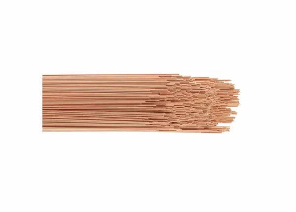 A bundle of Harris ER70S-6 Mild Steel TIG Rods (1/8, 36, 10LB Box - E70S660), copper-colored and neatly stacked with uneven ends, is set against a white background that highlights the rods’ color and texture.