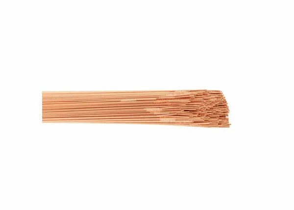 A bundle of Harris ER80SD-2 Low Alloy Steel TIG GTAW Welding Rods (1/16, 10# PKG - 80SD230) with flat-cut ends is shown fanned out on a white background, displaying their shiny, metallic surface and premium welding quality.