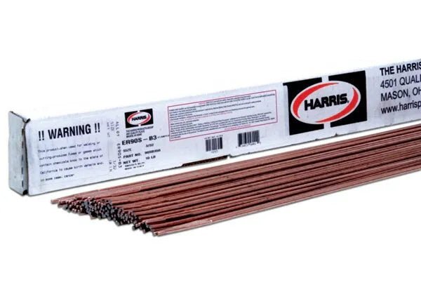 A white Harris box labeled “ER90SB-3 Low Alloy Steel TIG GTAW Welding Rod 3/32 10# PKG - 90SB350” holds straight copper rods for low alloy steel welding, featuring warning labels and branding. Ideal for TIG applications.
