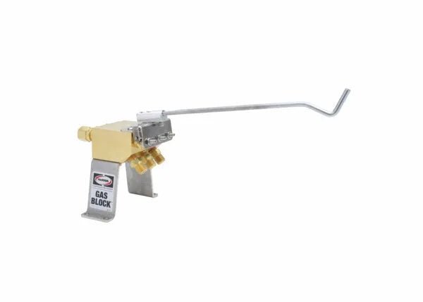 Harris 4300944 Gas Block Three-Gas Assembly with metal body, brass fittings & labeled controls for welding gas flow.