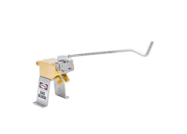 The Harris Gas Block Two-Gas Assembly - 4300943 is a brass and steel shutoff valve with a long silver handle, dual ports, and mounting base—ideal for torch gas control in safety or other gas line settings. Shown on a white background.