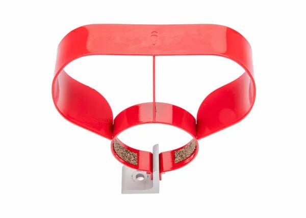 Harris Gauge Guard Red 4300238 for 25GX-425-45 welding gas regulator, silver base, side loops, circular center.