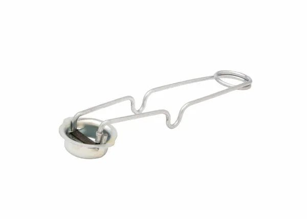 The Harris Handheld Single Flint Ignitor (9004486) features curved, scissor-like handles ending in an oval loop, providing a secure grip—its design echoing a tea strainer with a mesh bowl for easy use.