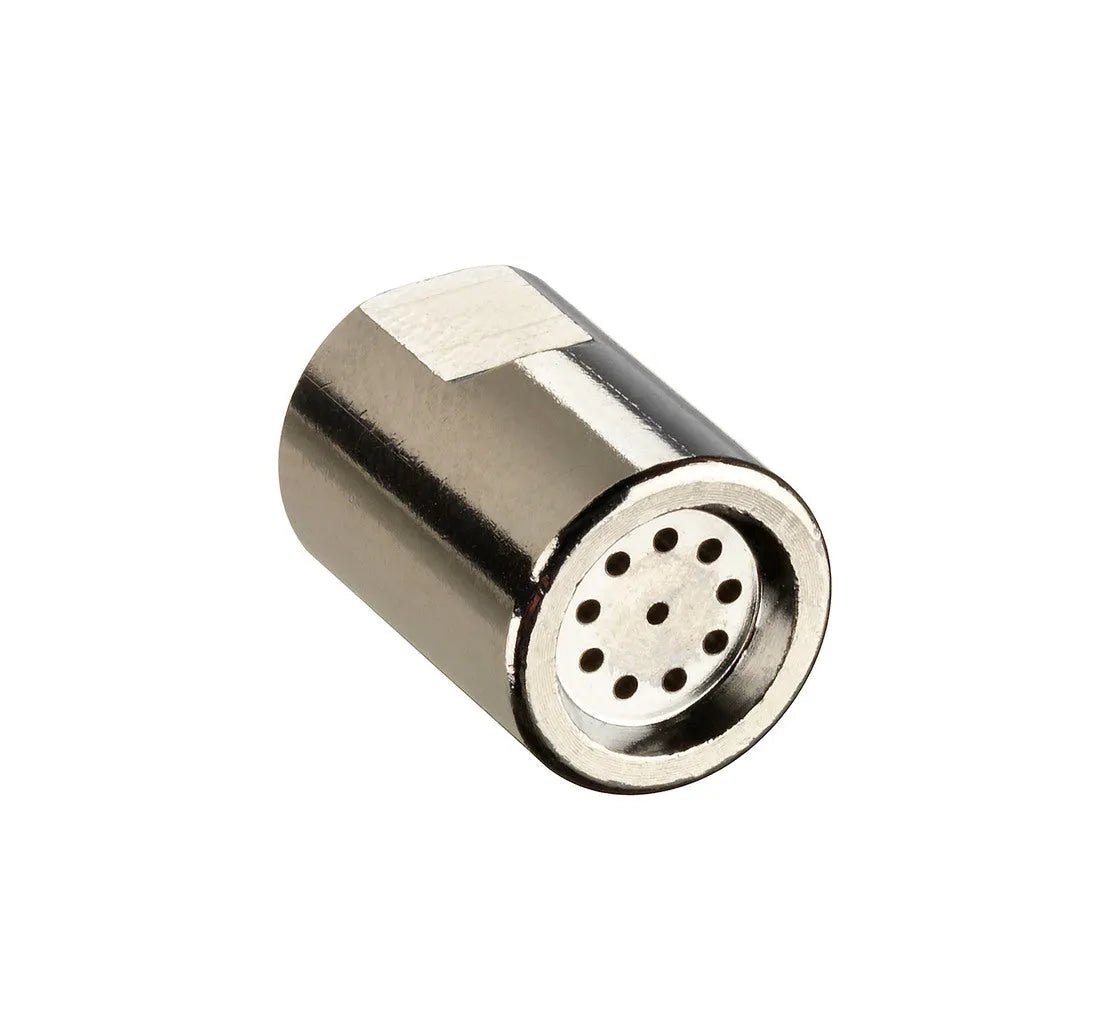 A close-up of the Harris HEAT-TIP, 9690-10C 1HA9412 10 HOLE - QC9412, a cylindrical metal connector with a shiny silver finish and ten holes—designed for large diameter tubing and fuel gases—shown on a plain white background.