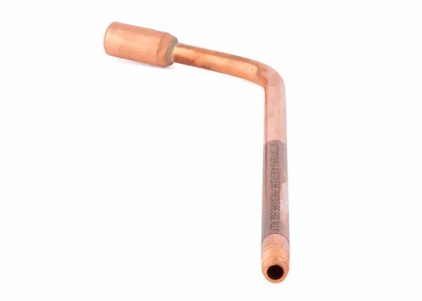 An all copper heating tip featuring a bent, L-shaped tube and a nozzle at one end, ideal for use with Harris heating assembly, isolated on a white background.
