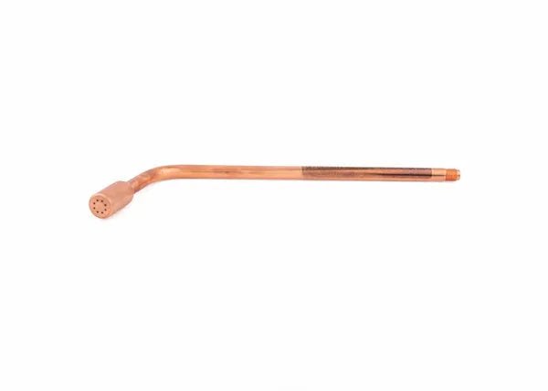 An all copper heating tip with a bent shape, threaded end, and small holes on the rounded tip, ideal for use in Harris heating assemblies; isolated on a white background.