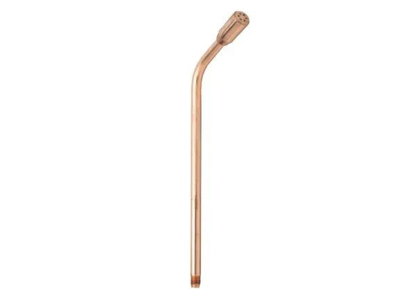 A metal bombilla straw with a filter at the top, commonly used for drinking yerba mate. The slightly bent straw features a copper or brass finish, resembling an all copper heating tip in its stylish and durable design.