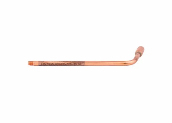 A single copper heating tip with a short angled bend near one end and a straight section with engraved text, all set against a plain white background.