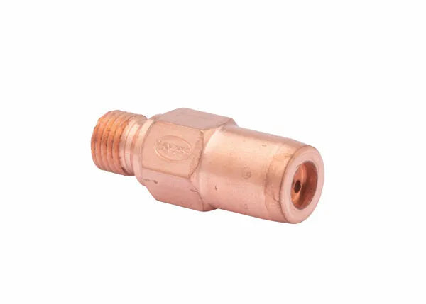 A brass flashback arrestor with a hexagonal center and threaded male connector, compatible with a universal tip tube mixer, used for gas welding and cutting equipment, isolated on a white background.