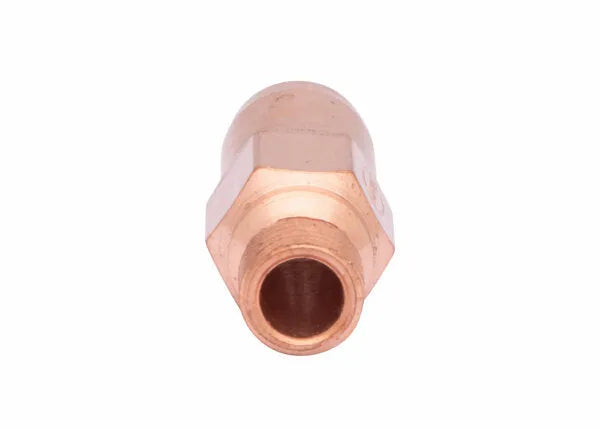 A tellurium copper brazing tip coupler fitting with a hexagonal middle section and a threaded interior, viewed from the end against a white background.