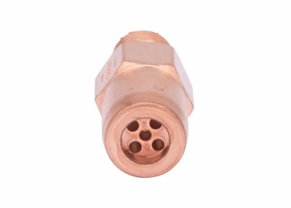 Close-up view of a tellurium copper brazing tip with a hexagonal body and five small holes at the end, used for gas welding or cutting torches.