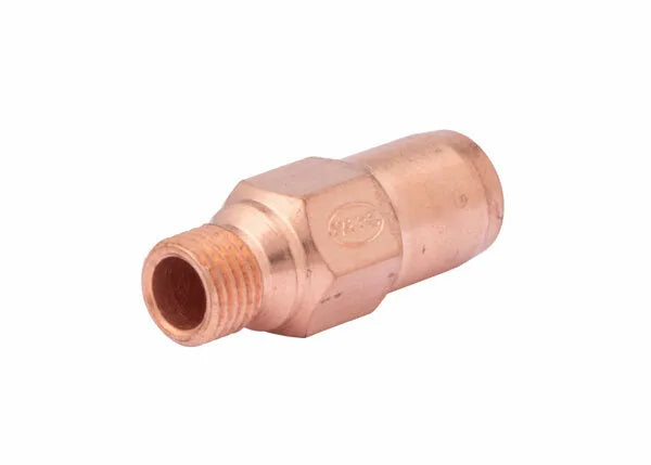 A brass or copper check valve fitting with a threaded male end, compatible with universal tip tube mixer setups, commonly used in plumbing or gas systems, placed on a white background.