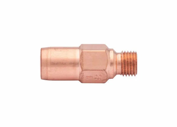 A copper-colored tellurium copper brazing tip metal gas non-return valve with a hexagonal middle section and threaded end, used for connecting and securing gas lines in industrial applications, isolated on a white background.