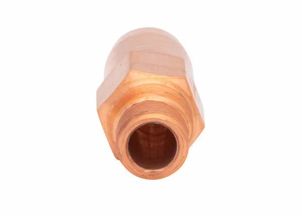 Close-up view of a tellurium copper heating tip or connector with a hexagonal shape, viewed from the open end against a white background.