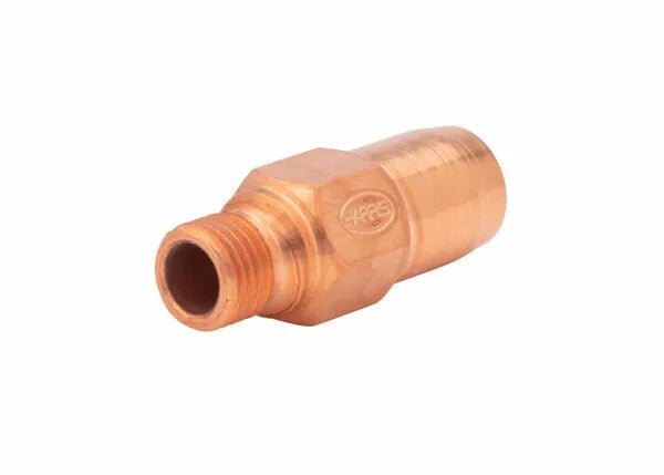 A brass check valve with a hexagonal body and threaded ends, designed for plumbing or industrial use, is shown on a white background alongside a tellurium copper heating tip.