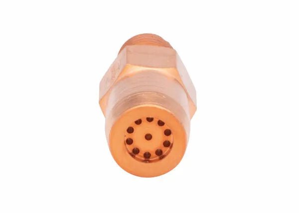 Copper-colored Harris heating tip with multiple small holes arranged in a circle around a central hole, viewed from the front against a white background.