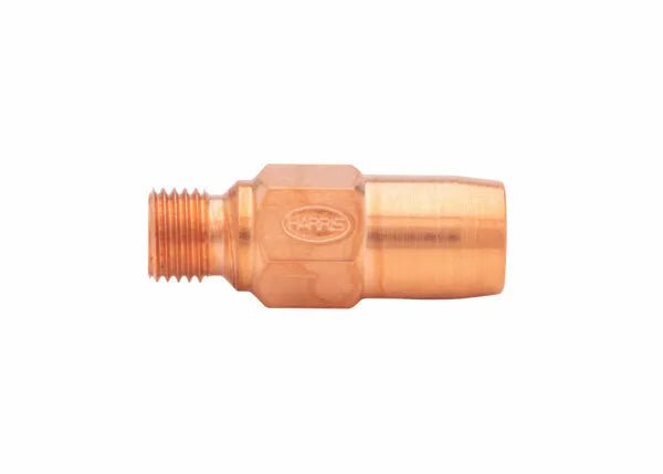 Copper-colored Harris heating tip with a threaded end and hexagonal center, displaying the Harris logo engraved on the side. This separable heating tip is isolated on a white background.