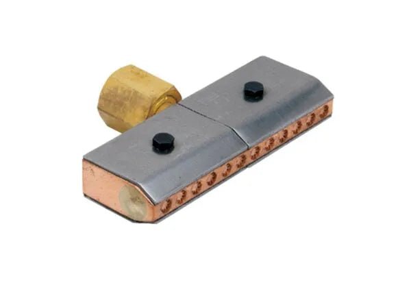 Rectangular metal industrial connector with a brass fitting on one end, two black screws on top, and a row of small copper holes along one side, ideal for use with a flame cleaning head. Shown on a white background.