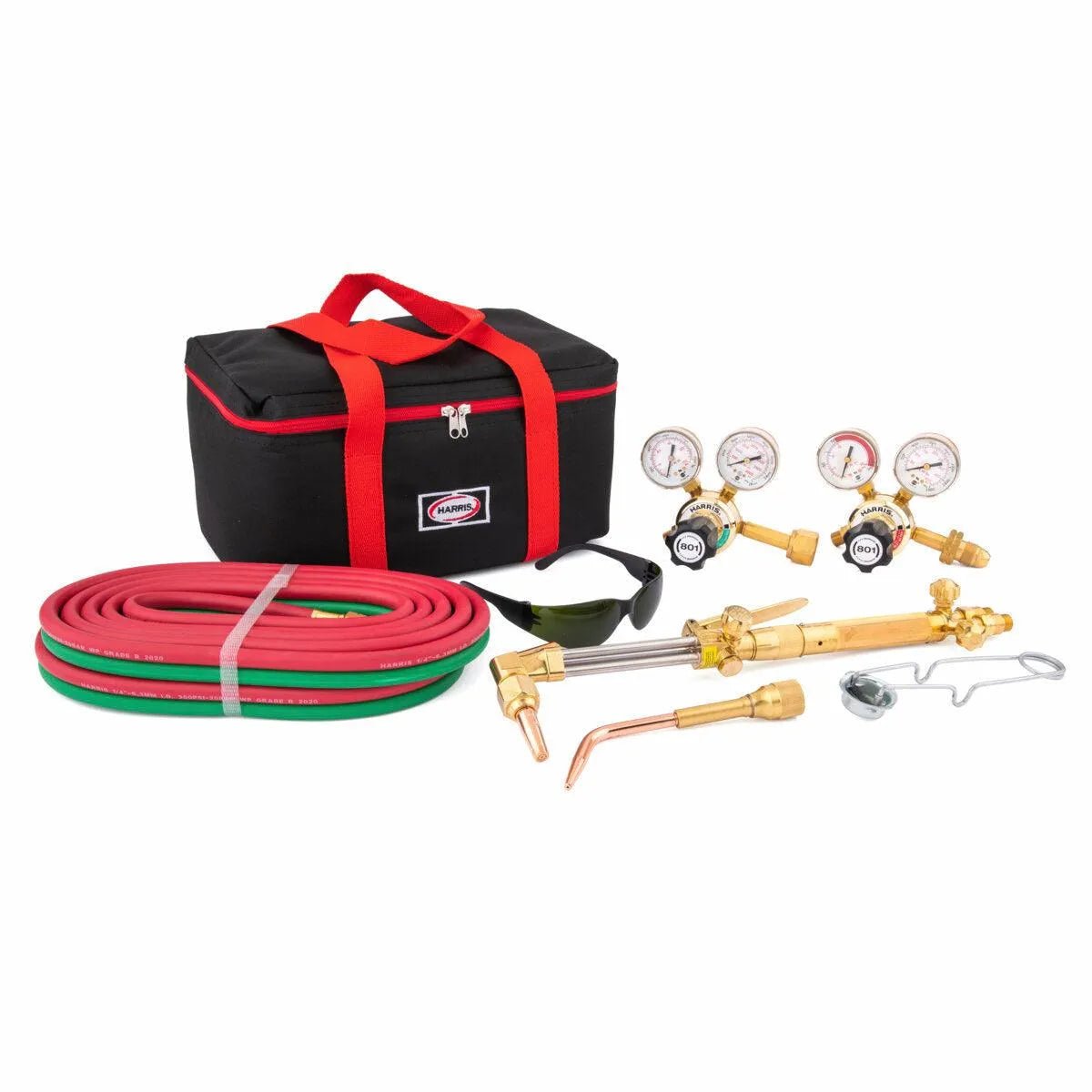 Harris HMD 801 Deluxe Acetylene Cutting Torch Kit with carrying bag, gauges, hoses, torch handles & welding accessories.