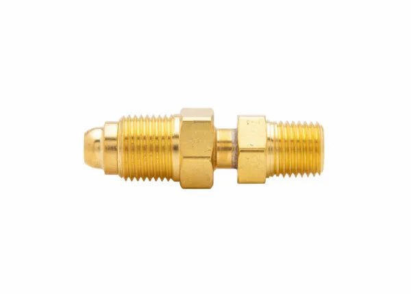 Harris Hose Adaptor 8800527 brass fitting, hex nut, 1/4" NPT male thread for welding equipment, on white background.