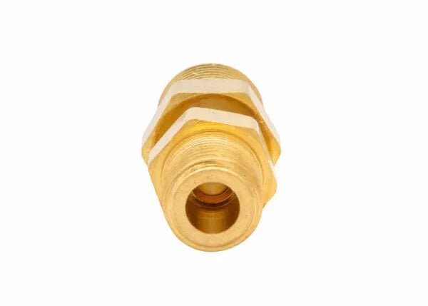 Harris Hose Adaptor 8800527, hex brass body, 1/4" NPT male thread for welding equipment, front view on white background.