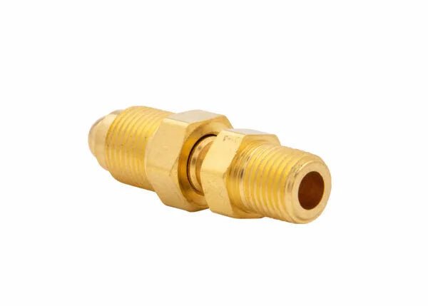 Harris Hose Adaptor 8800527 brass welding connector, hex center, double 1/4" NPT male threads for welding tools; on white background.
