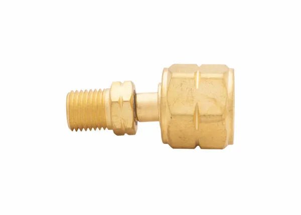 Harris Hose M/A-to-F/B LH Acetylene Adaptor 9004419 for welding, brass body, hex nut and male connector, on white background.